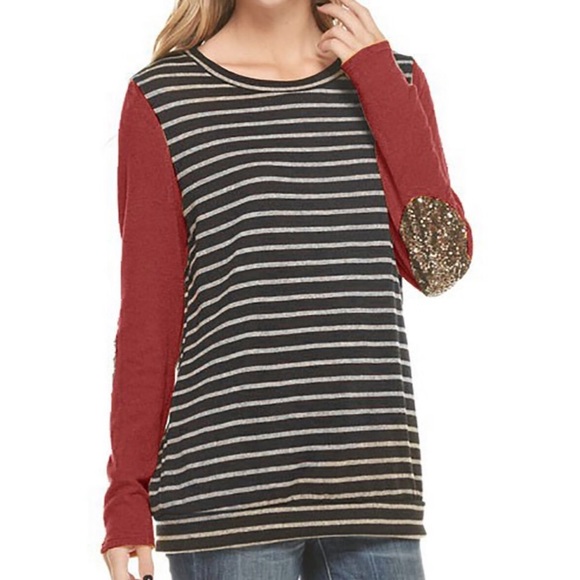 Tops - Charcoal stripes w red sleeves, gold sequin patch